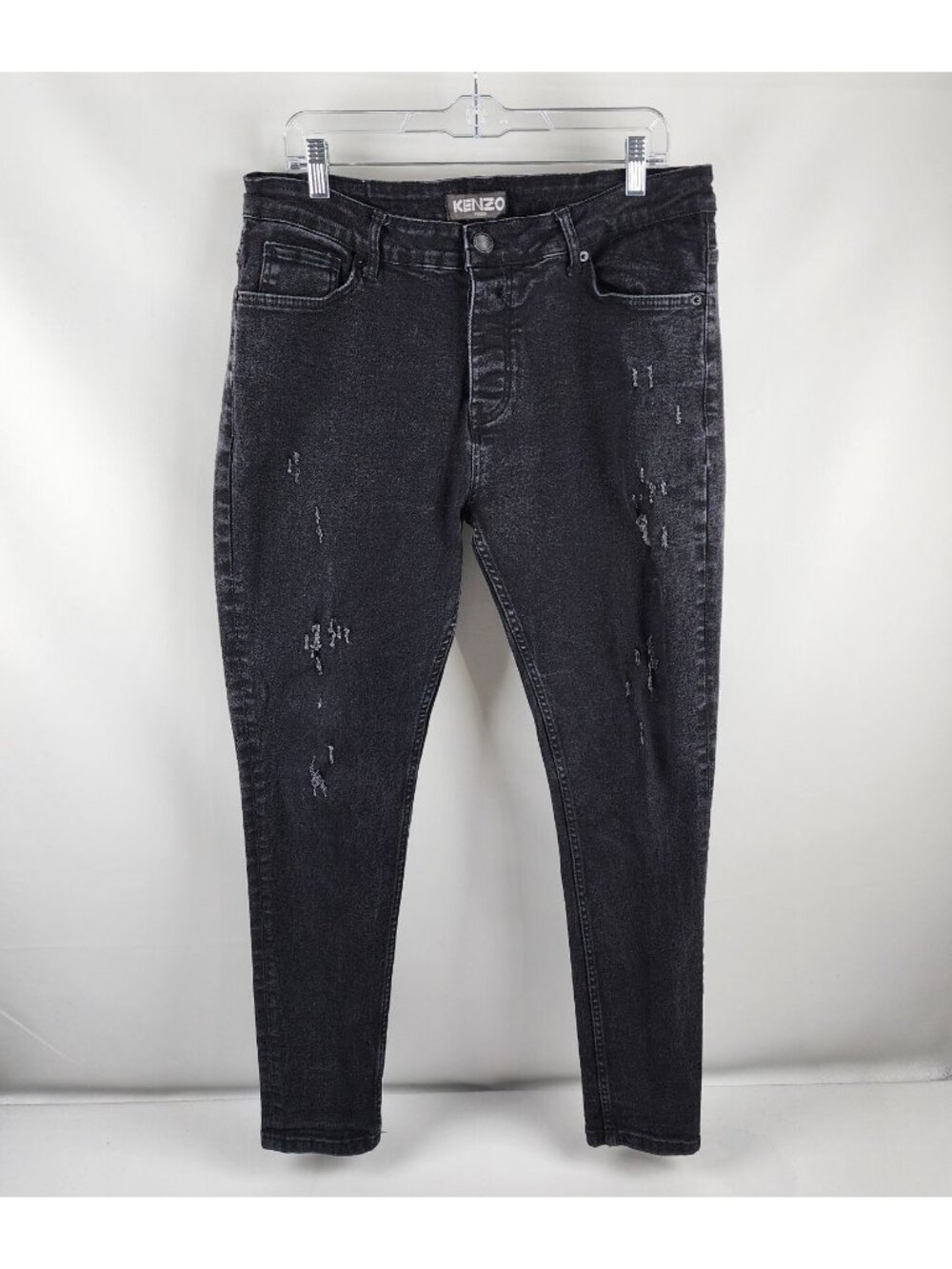 Kenzo Paris Jeans Mens 36x29 Black Button Fly Distressed Denim